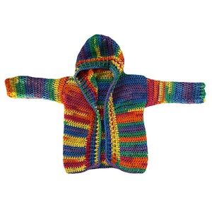 Hand-knit rainbow yarn hooded sweater cardigan EUC